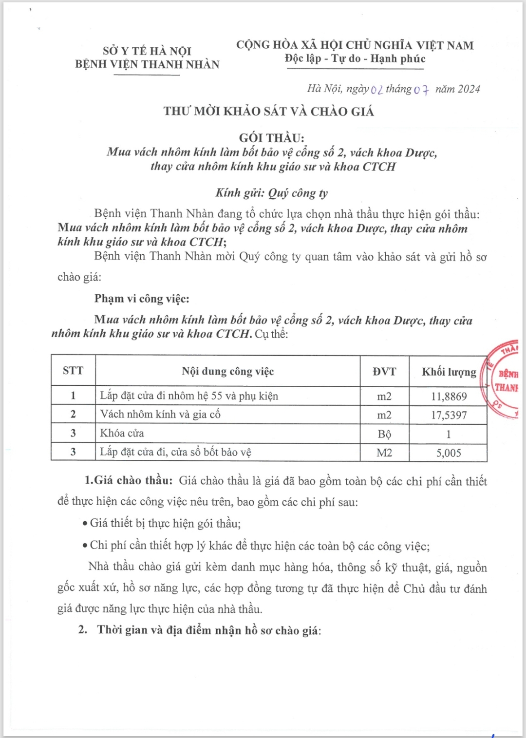 Thư mời khảo sát và chào giá gói thầu mua vách nhôm kính bốt bảo vệ, Khoa Dược, khu Giáo Sư và Khoa CTCH