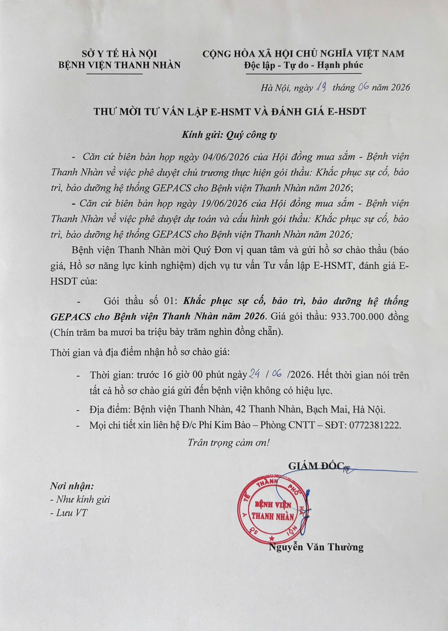 Thư mời tư vấn lập E-HSMT và đánh giá E-HSDT cho gói thầu: Khắc phục sự cố, bảo trì, bảo dưỡng hệ thống  GEPACS