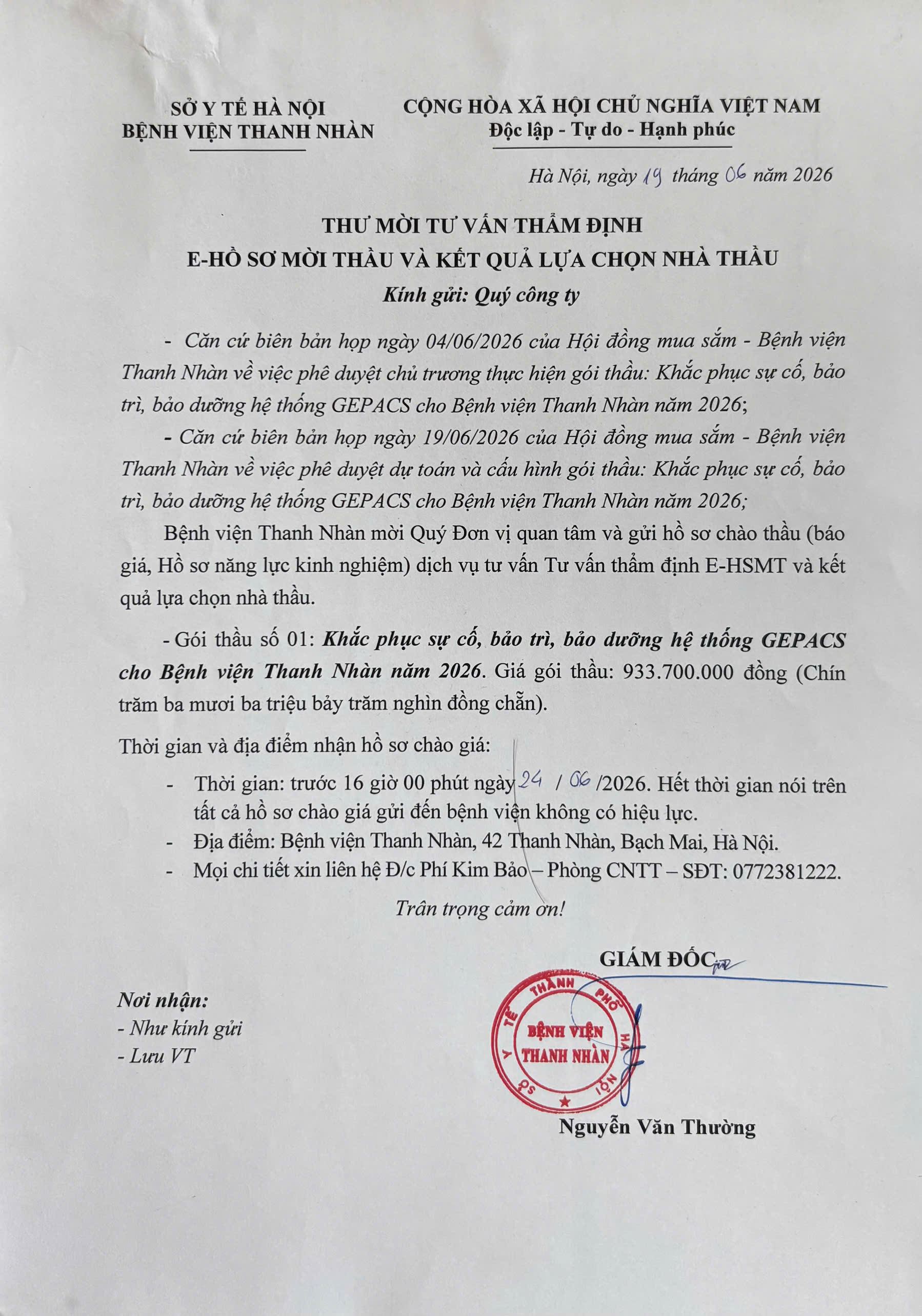 Thư mời và tư vấn thẩm định E- Hồ sơ mời thầu và kết quả lựa chọn nhà thầu