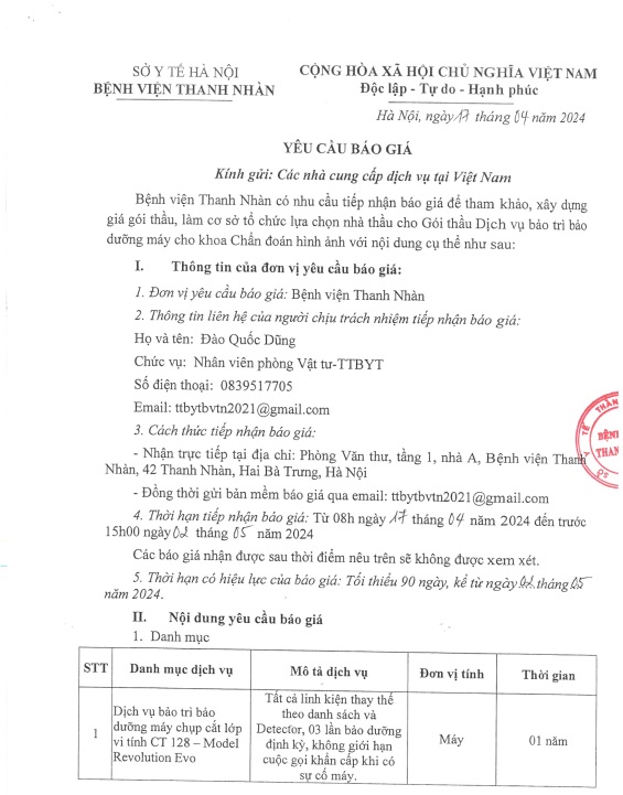 Yêu cầu Báo giá Để tham khảo xây dựng giá gói thầu Dịch vụ bảo trì bảo dưỡng máy cho Khoa Chẩn đoán hình ảnh