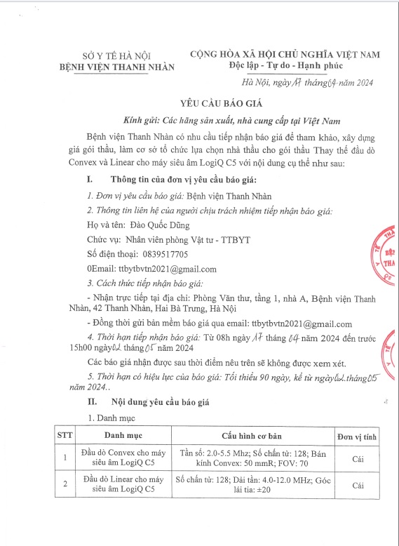 Yêu cầu báo giá để tham khảo xây dựng giá gói thầu làm cơ sở lựa chọn nhà thầu cho gói thầu thay thế đầu dò Convex và Linear cho máy siêu âm LogiQ C5