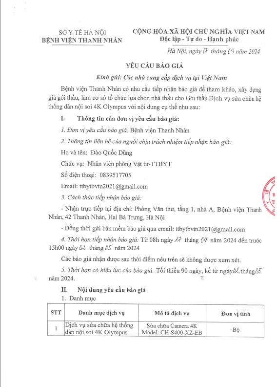 Yêu cầu báo giá để tham khảo xây dựng giá gói thầu làm cơ sở tổ chức lựa chọn nhà thầu gói Dịch vụ sửa chữa hệ thống dàn nội soi 4K Olympus