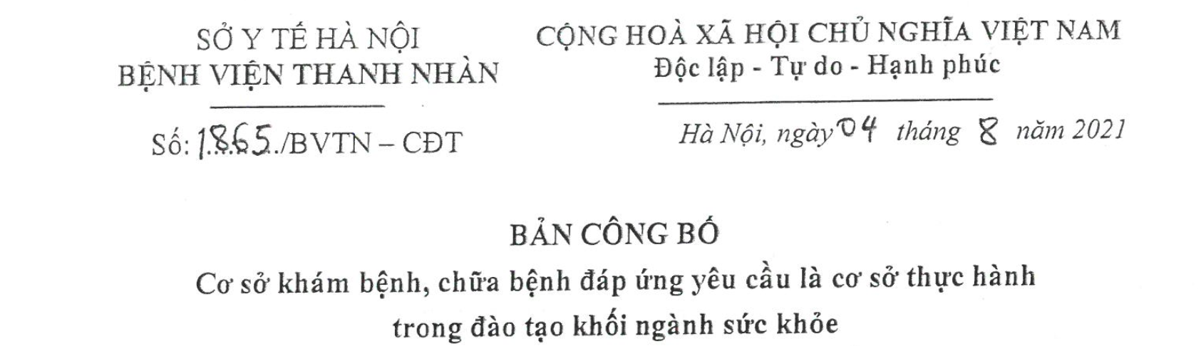 Bản Công Bố Cơ Sở Khám Bệnh, Chữa Bệnh Đáp Ứng Yêu Cầu Là Cơ Sở Thực Hành Trong Đào Tạo Khối Ngành Sức Khỏe