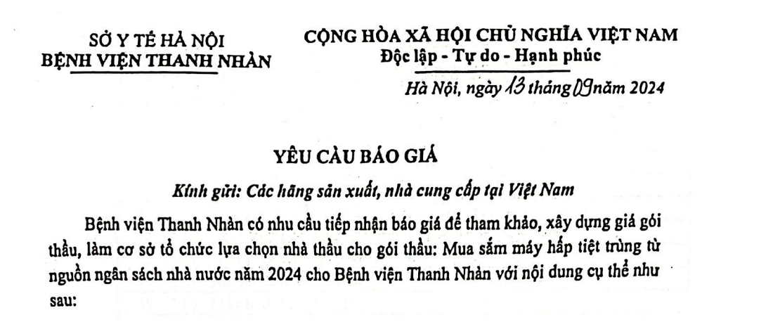 Yêu Cầu Báo Giá Mua Sắm Máy Hấp Tiệt Trùng