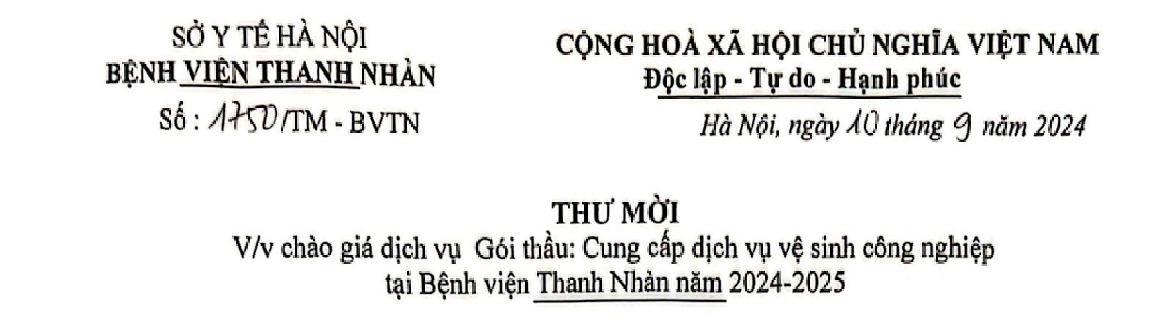 Chào giá dịch vụ gói thầu: Cung cấp dịch vụ vệ sinh công nghiệp tại bệnh viện Thanh Nhàn năm 2024-2025