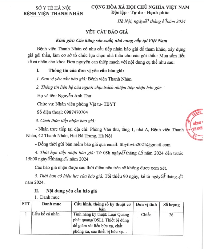 Yêu cầu báo giá cho gói thầu Mua sắm liều kế cá nhân cho khoa đơn nguyên can thiệp mạch