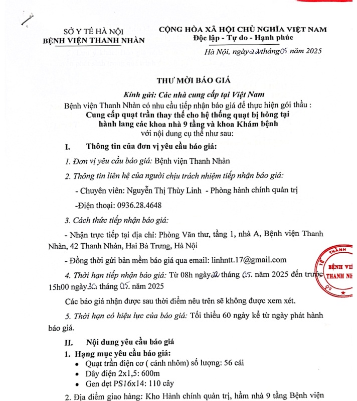 Cung cấp quạt trần thay thế cho hệ thống quạt bị hỏng tại hành lang các khoa nhà 9 tầng và khoa Khám Bệnh