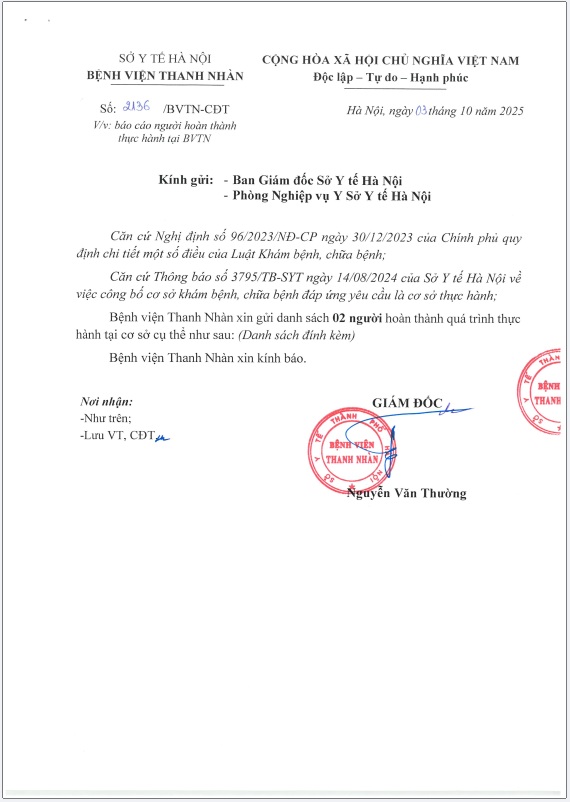 Danh sách người hoàn thành thực hành tại Bệnh viện Thanh Nhàn (CV 2136/BVTN-CĐT ngày 03/10/2025)