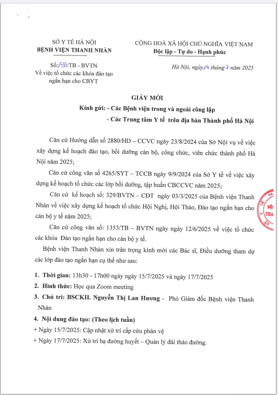 Giấy mời về việc tổ chức các lớp đào tạo ngày 15.7 và 17.7.2025