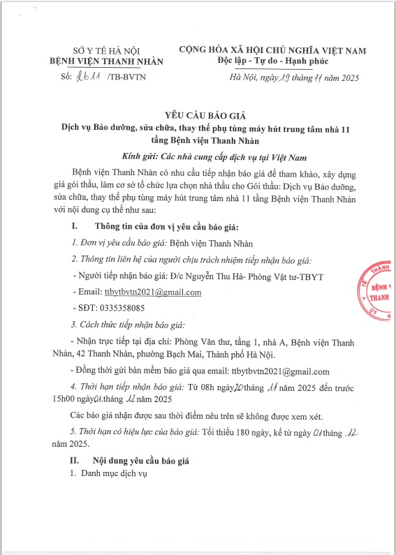 TB 2611 Yêu cầu báo giá Dịch vụ bảo dưỡng, sửa chữa, thay thế phụ tùng máy hút trung tâm nhà 11 tầng bệnh viện Thanh Nhàn