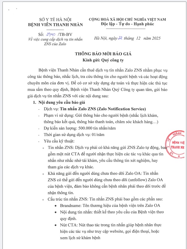 Thư mời chào giá gói thầu: Thuê dịch vụ cung cấp dịch vụ tin nhắn ZNS của Zalo cho Bệnh viện Thanh Nhàn