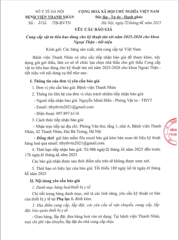 TB 2766 Yêu cầu báo giá Cung cấp vật tư tiêu hao dùng cho kỹ thuật tán sỏi năm 2025-2026 cho khoa Ngoại thận - tiết niệu