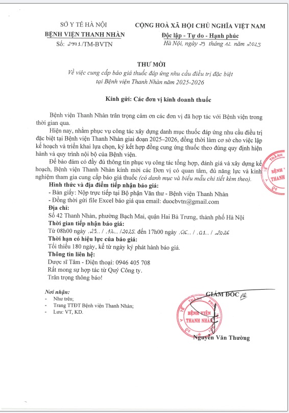 Thư mời báo giá thuốc đáp ứng nhu cầu điều trị đặc biệt năm 2025-2026 tại Nhà thuốc Bệnh viện