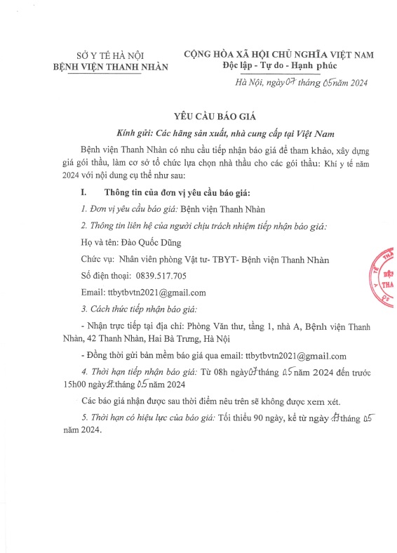 Yêu cầu báo giá để tham khảo xây dựng giá gói thầu cho nhà thầu: Khí y tế năm 2024