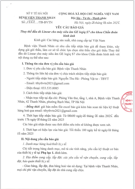Yêu cầu báo giá để tham khảo, xây dựng giá gói thầu: Thay thế đầu dò Linear cho máy siêu âm GE logiq S7 cho khoa chẩn đoán hình ảnh