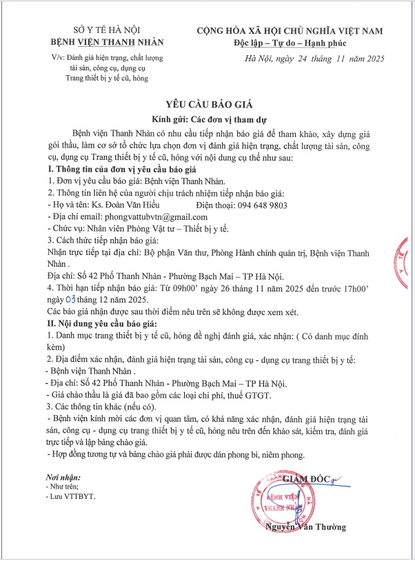 Yêu cầu báo giá Đánh giá hiện trạng chất lượng tài sản, công cụ, dụng cụ Trang thiết bị y tế cũ, hỏng