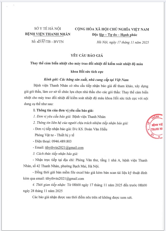 TB 2587 Yêu cầu báo giá Thay thế cảm biến nhiệt cho máy trao đổi nhiệt để kiểm soát nhiệt độ máu khoa Hồi sức tích cực