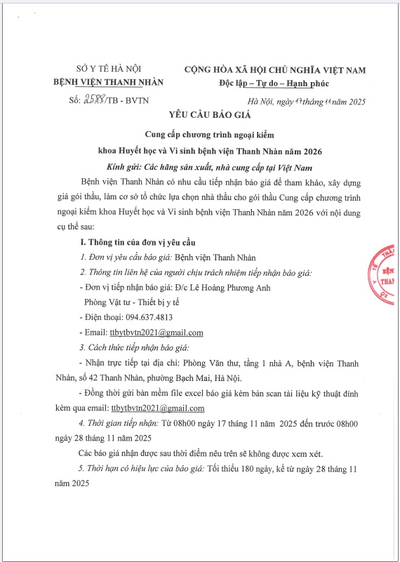 TB 2588 Yêu cầu báo giá Cung cấp chương trình ngoại kiểm khoa Huyết học và Vi sinh bệnh viện Thanh Nhàn năm 2026