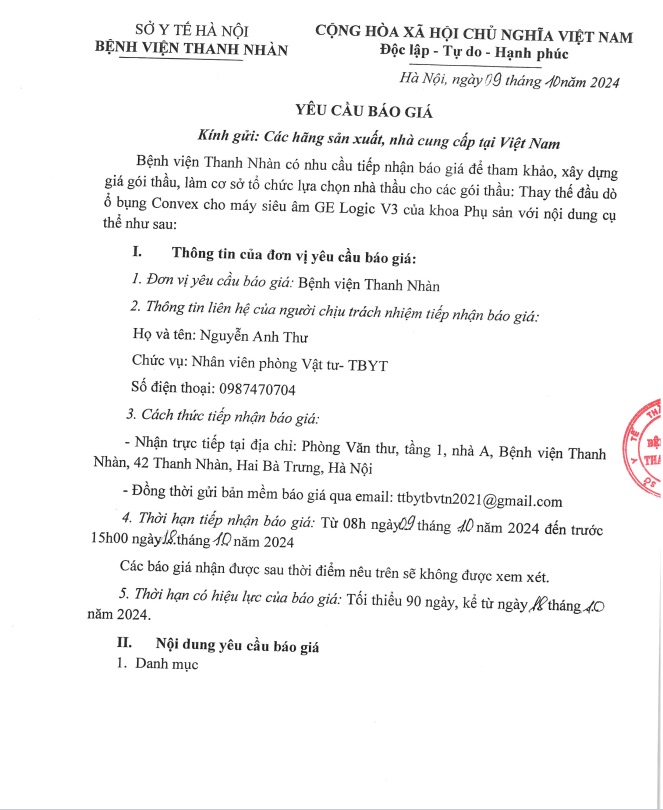 Yêu cầu báo giá cho các gói thầu Thay thế đầu dò ổ bụng Convex cho máy siêu âm GE Logic V3 của khoa phụ sản