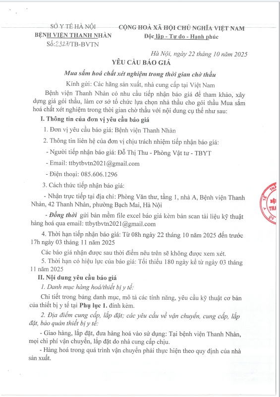 Yêu cầu báo giá Mua sắm hóa chất xét nghiệm trong thời gian chờ thầu