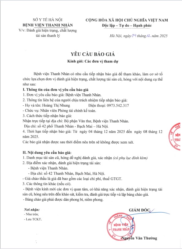 Yêu cầu báo giá Đánh giá hiện trạng, chất lượng tài sản thanh lý tại Bệnh viện Thanh Nhàn