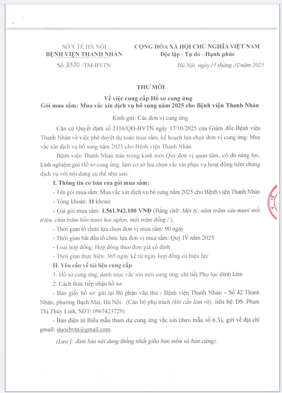 Thư mời về việc cung cấp Hồ sơ cung ứng Gói mua sắm: Mua vắc xin dịch vụ bổ sung năm 2025 cho Bệnh viện Thanh Nhàn