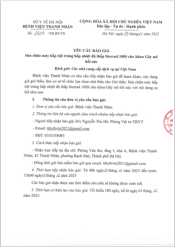 TB 2606 Yêu cầu báo giá Sửa chữa máy hấp tiệt trùng hấp nhiệt độ thấp Sterrad 100S cho khoa Gây mê hồi sức