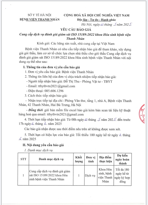 Yêu cầu báo giá Cung cấp dịch vụ đánh giá giám sát ISO 15189:2022 khoa Hóa sinh bệnh viện Thanh Nhàn