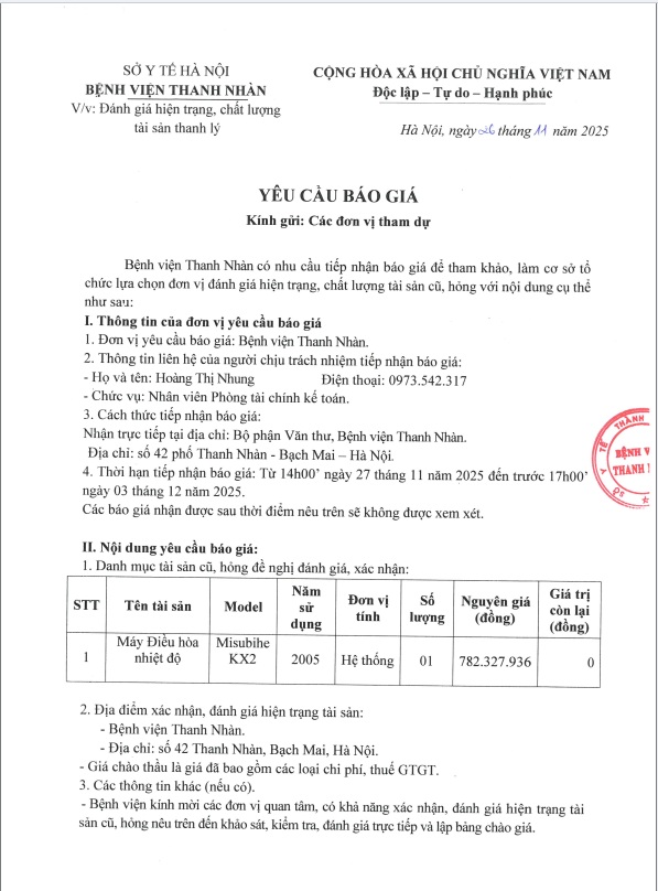 Yêu cầu báo giá Đánh giá hiện trạng, chất lượng tài sản thanh lý tại Bệnh viện Thanh Nhàn