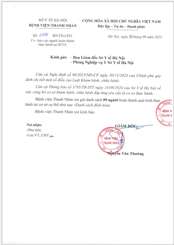 Danh sách người hoàn thành thực hành tại Bệnh viện Thanh Nhàn (CV 2108/BVTN-CĐT ngày 30/09/2025)