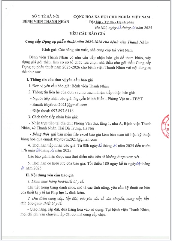 Yêu cầu báo giá: Cung cấp dụng cụ phẫu thuật năm 2025-2026 cho bệnh viện Thanh Nhàn