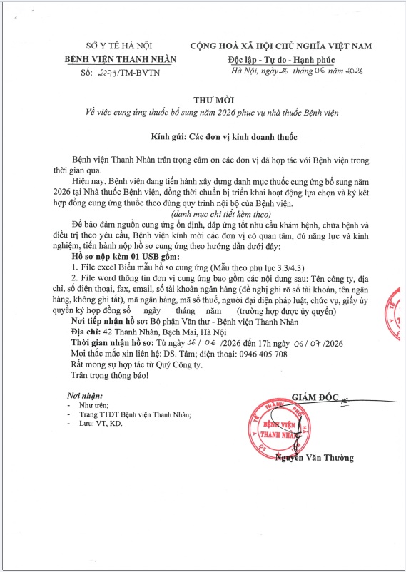 Thư mời cung ứng thuốc bổ sung năm 2026 phục vụ nhà thuốc bệnh viện