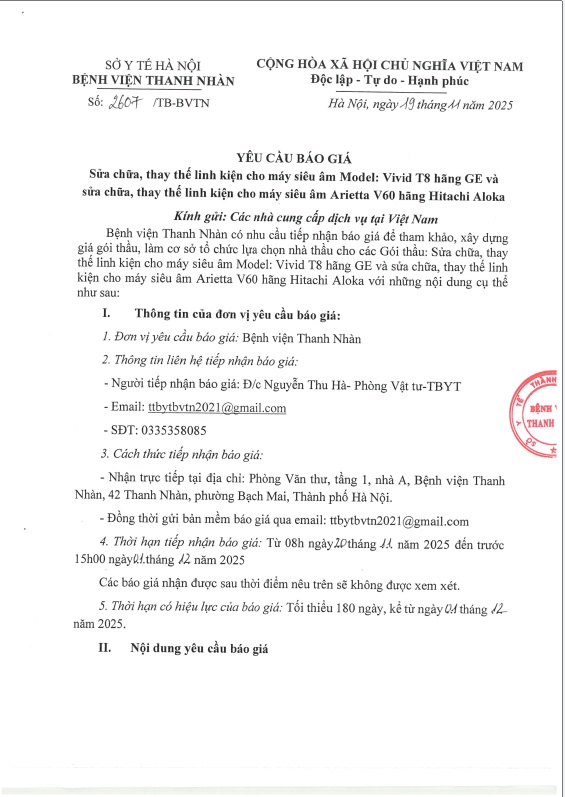 TB 2607 Yêu cầu báo giá Sửa chữa, thay thế linh kiện cho máy siêu âm Model: Vivid T8 hãng GE và sủa chữa, thay thế linh kiện cho máy siêu âm Arietta V60 hãng HItachi Aloka