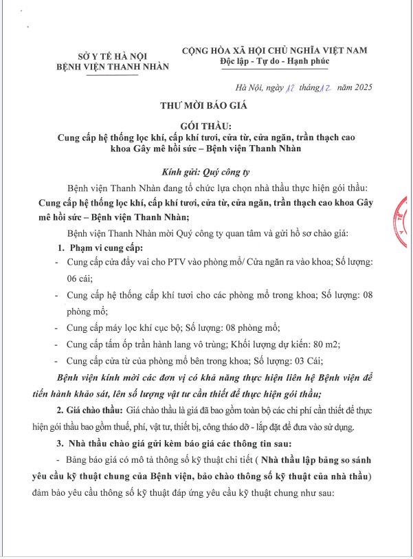 Cung cấp hệ thống lọc khí, cấp khí tươi, cửa từ, cửa ngăn, trần thạch cao khoa Gây mê hồi sức - Bệnh viện Thanh Nhàn