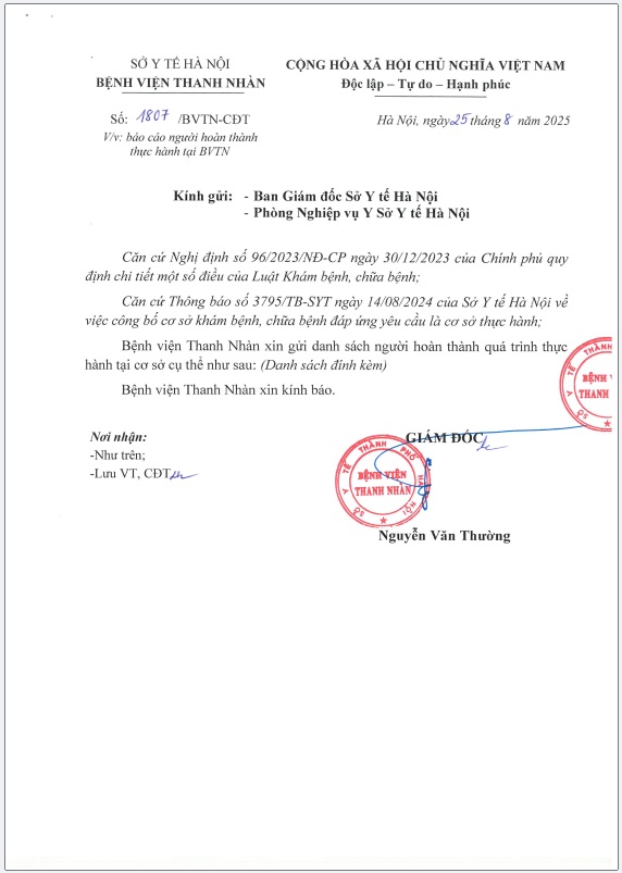 Danh sách người hoàn thành thực hành tại Bệnh viện Thanh Nhàn (CV 1807/BVTN-CĐT ngày 25/08/2025)