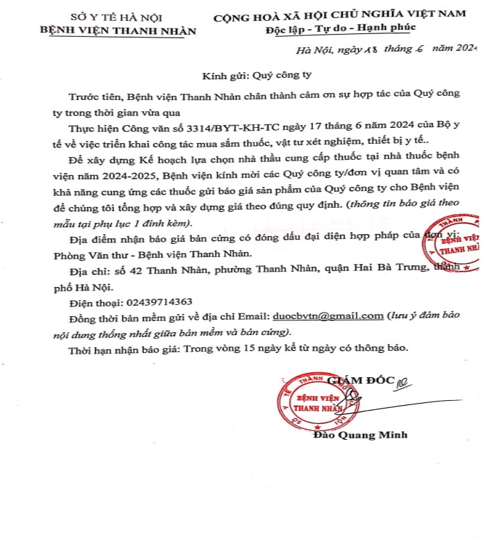 Thông báo mời báo giá thuốc đầu thầu của nhà thuốc bệnh viện Thanh Nhàn