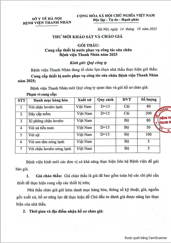 Cung cấp thiết bị nước phục vụ công tác sửa chữa Bệnh viện Thanh Nhàn năm 2025