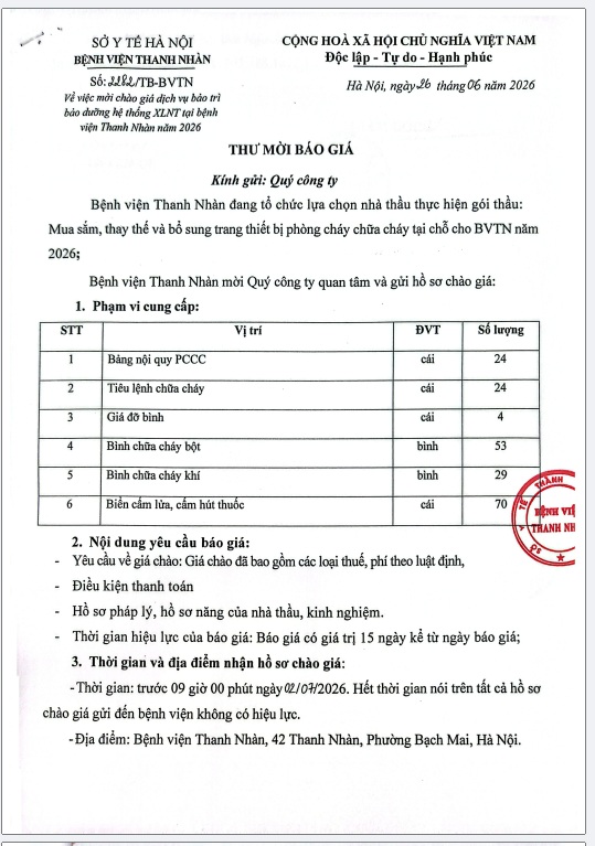 Thư mời báo giá gói thầu: Mua sắm, thay thế và bổ sung trang thiết bị phòng cháy chữa cháy tại chỗ cho BVTN năm 2026