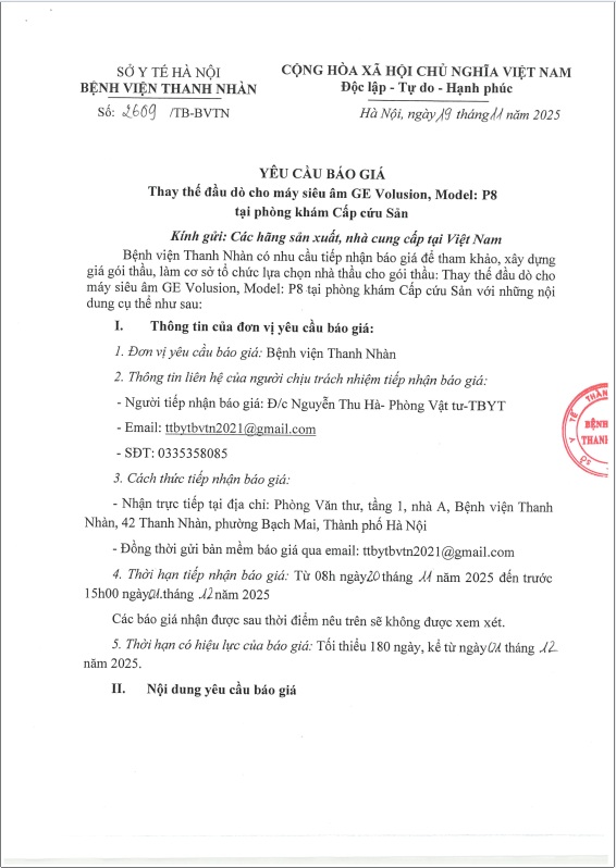 TB 2609 Yêu cầu báo giá Thay thế đầu dò cho máy siêu âm GE Volution, Model: P8 tại phòng khám cấp cứu Sản