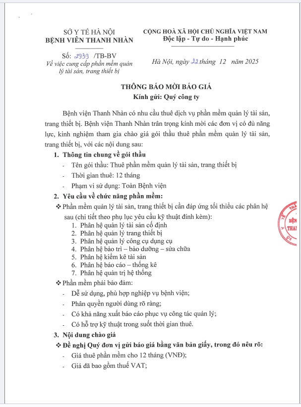 Thư mời chào giá gói thầu: Thuê phần mềm quản lý tài sản, trang thiết bị cho Bệnh viện Thanh Nhàn