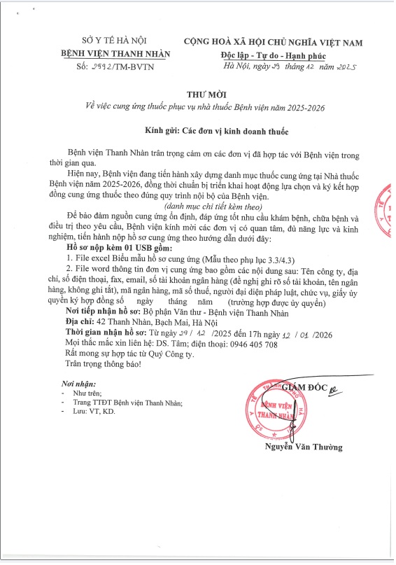 CV 1992: Thư mời cung ứng thuốc năm 2025-2026 tại Nhà thuốc Bệnh viện