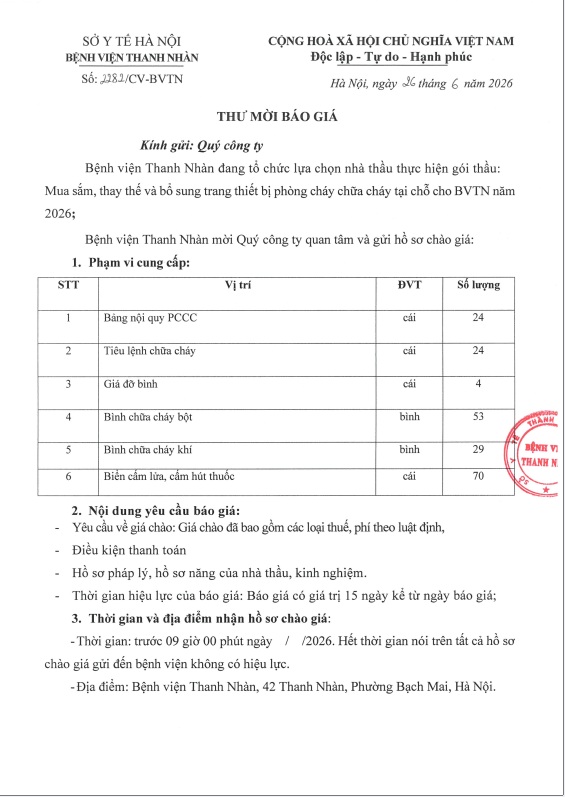 Thư mời báo giá gói thầu: Mua sắm, thay thế và bổ sung trang thiết bị phòng cháy chữa cháy tại chỗ cho BVTN năm 2026