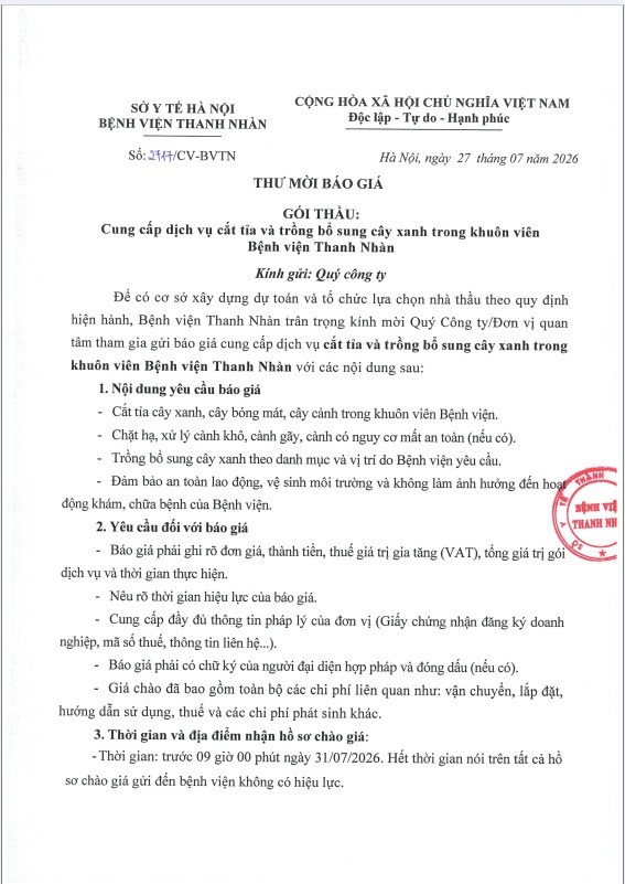 Cung cấp dịch vụ cắt tỉa và trồng bổ sung cây xanh trong khuôn viên Bệnh viện Thanh Nhàn
