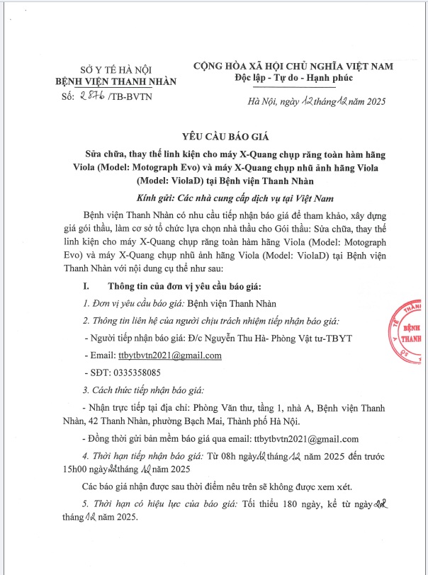 TB 2876 yêu cầu báo giá Sửa chữa, thay thế linh kiện cho máy X-Quang chụp răng toàn hàm hãng Viola (Model: Motograph Evo) và máy X-Quang chụp nhũ ảnh hãng Viola (Model: ViolaD) tại bệnh viện Thanh Nhàn