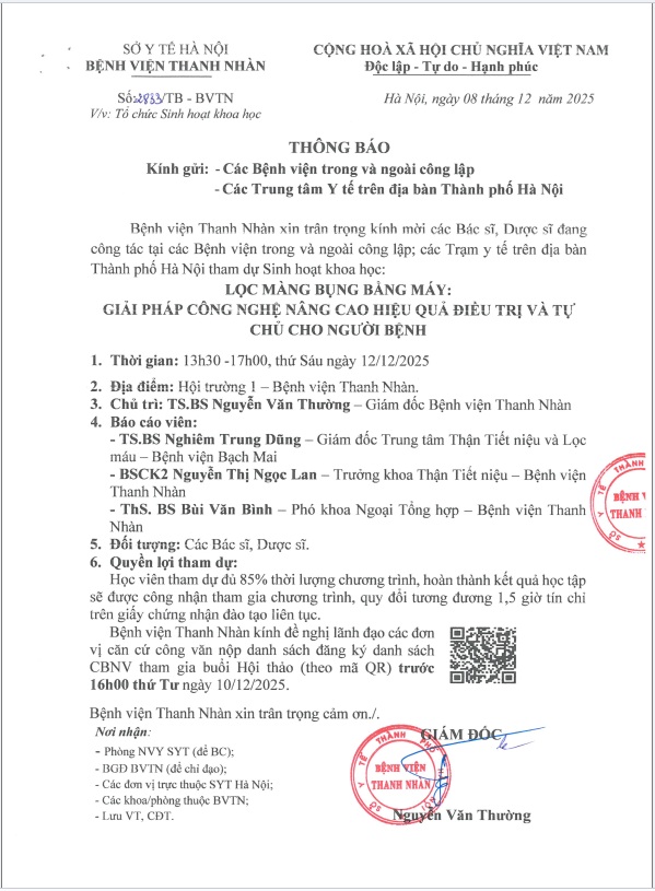 Hội thảo sinh hoạt khoa học 12/12/2025: LỌC MÀNG BỤNG BẰNG MÁY: GIẢI PHÁP CÔNG NGHỆ NÂNG CAO HIỆU QUẢ ĐIỀU TRỊ VÀ TỰ CHỦ CHO NGƯỜI BỆNH