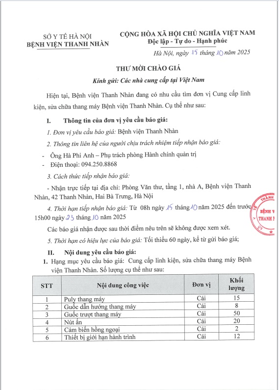 Gói thầu Cung cấp linh kiện, sửa chữa thang máy Bệnh viện Thanh Nhàn.