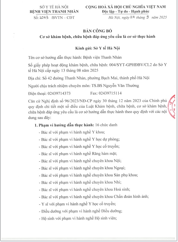 Công bố cơ sở khám chữa bệnh Bệnh viện Thanh Nhàn đáp ứng yêu cầu là cơ sở thực hành