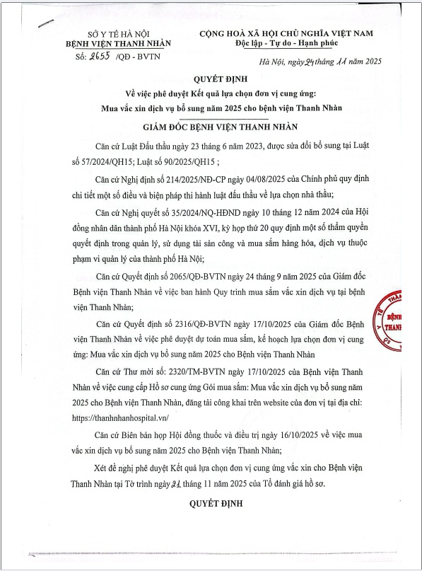 Quyết định phê duyệt Kết quả lựa chọn đơn vị cung ứng: Mua vắc xin dịch vụ bổ sung năm 2025 cho Bệnh viện Thanh Nhàn.