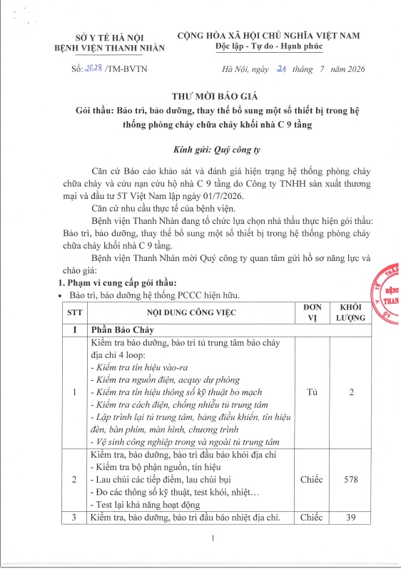 Gói thầu: Bảo trì, bảo dưỡng, thay thế bổ sung một số thiết bị trong hệ thống phòng cháy chữa cháy khối nhà C 9 tầng