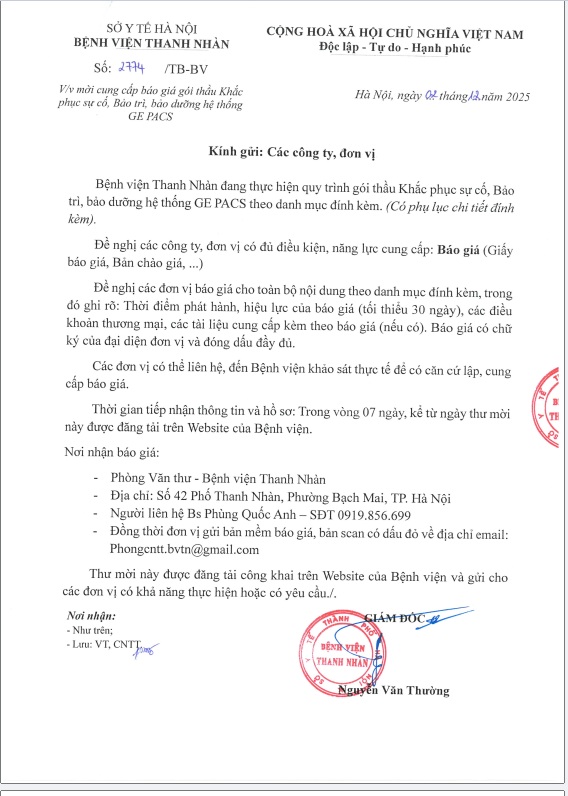 Thư mời cung cấp báo giá gói thầu Khắc phục sự cố, Bảo trì, bảo dưỡng hệ thống GE PACS